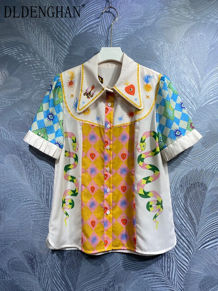 

DLDENGHAN весна женская летняя футболка отложной воротник с коротким рукавом однобортные футболки с винтажным принтом модный дизайнерский Новый