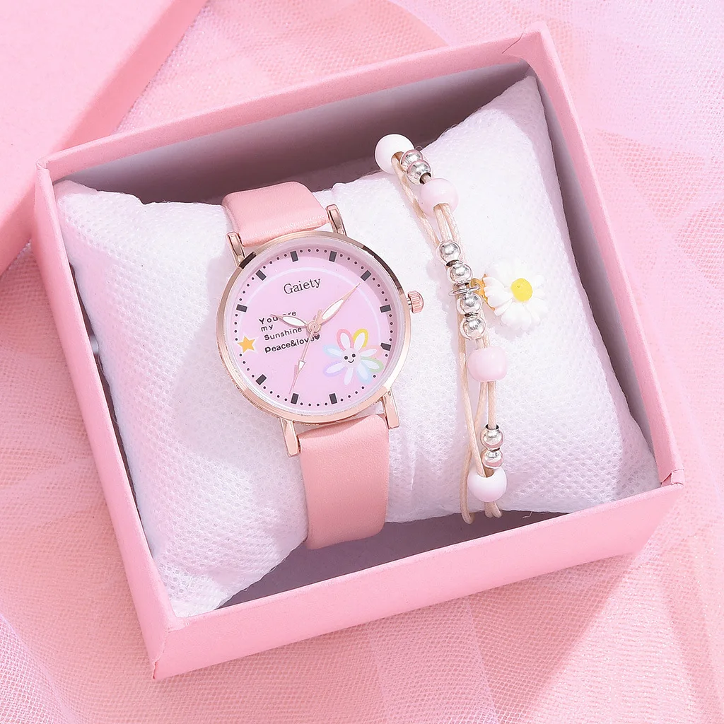 

Zegarek New Kids Watches Set Students Children Pink Watch Girls Leather Strap Child Hours Quartz Wristwatch Girl Gift Clocks