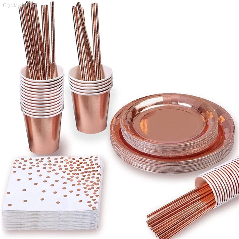 

146pcs Rose Gold Disposable Wedding Party Tableware Foil Paper Plates Napkins Cups Straws Birthday Event Restaurant Supplies