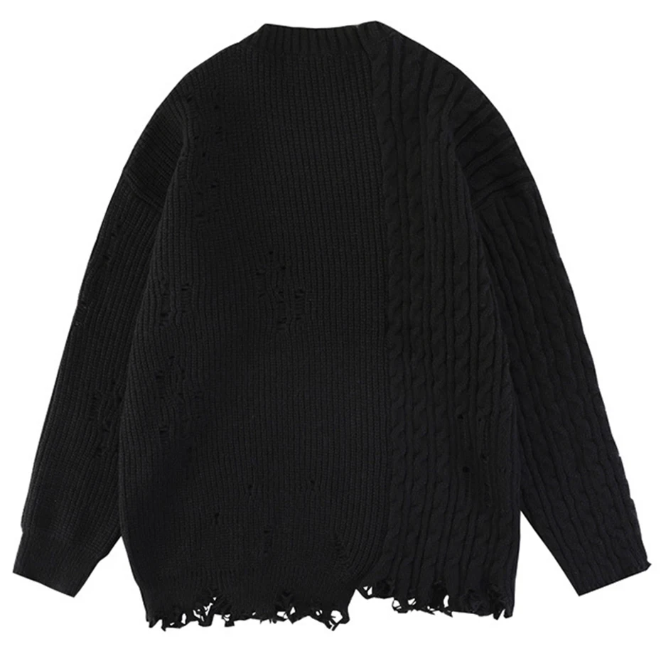 2023 Vintage Sweater Ripped Distressed Patchwork Knitted Jumpers Men Streetwear Harajuku Oversized Sweaters Y2K Pullovers Black
