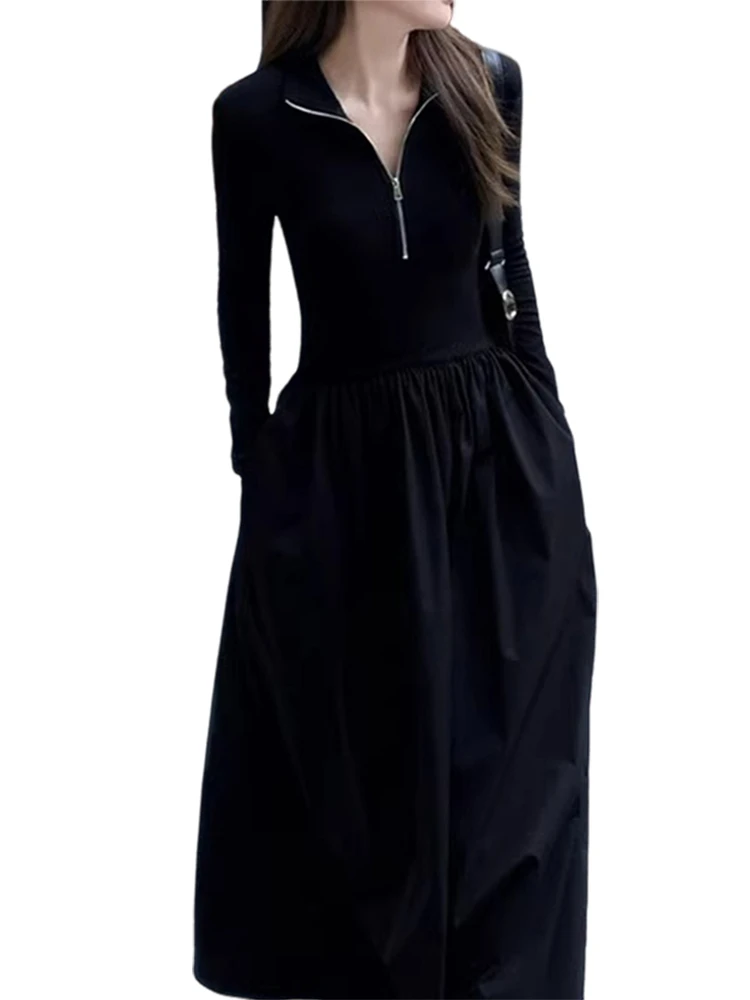 Hepburn Sle Retro Slimming Temperament Polo Collar Base Black Long dress Plus size French sle Covering Meat High-Grade Se... |
