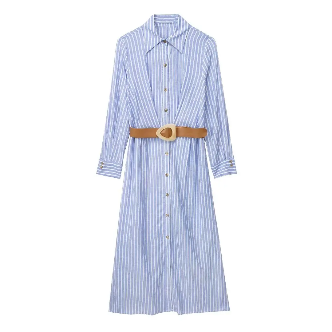 

PB&ZA Women 2023 Autumn New Chic Fashion Linen Blended Shirt With Belt Stripes Dress Vintage Lapel Long Sleeve Female Dresses