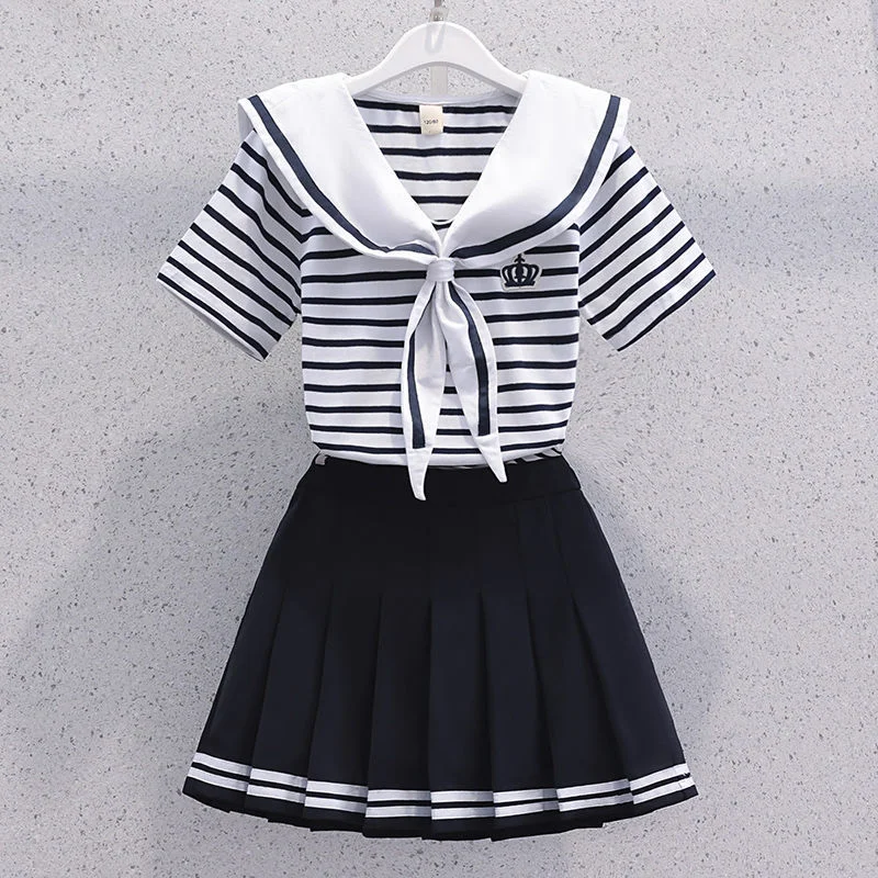 

Summer Girls Suit Korean Style Sailor Collar Stripe Short Sleeve+Pleated Skirt 2Pcs Suits Jk Uniform Skirt Outfits for Girl 3-13
