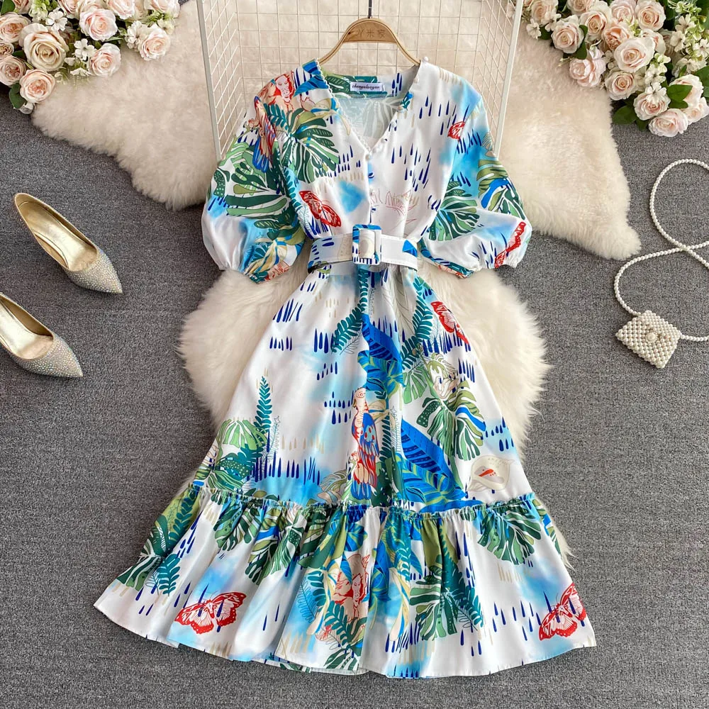 

VANOVICH Summer New Sweet Fashion V-neck Waist and Thin Printed A-line Flounced Edge Dress Elegant Large-swing Mid-Calf Dress