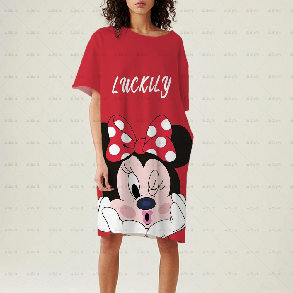 

Disney Mickey Minnie Summer Women 3D Print Dresses Short Sleeve Long Midi Dress Fashion Sundress Female Clothing Y2K Nightdress