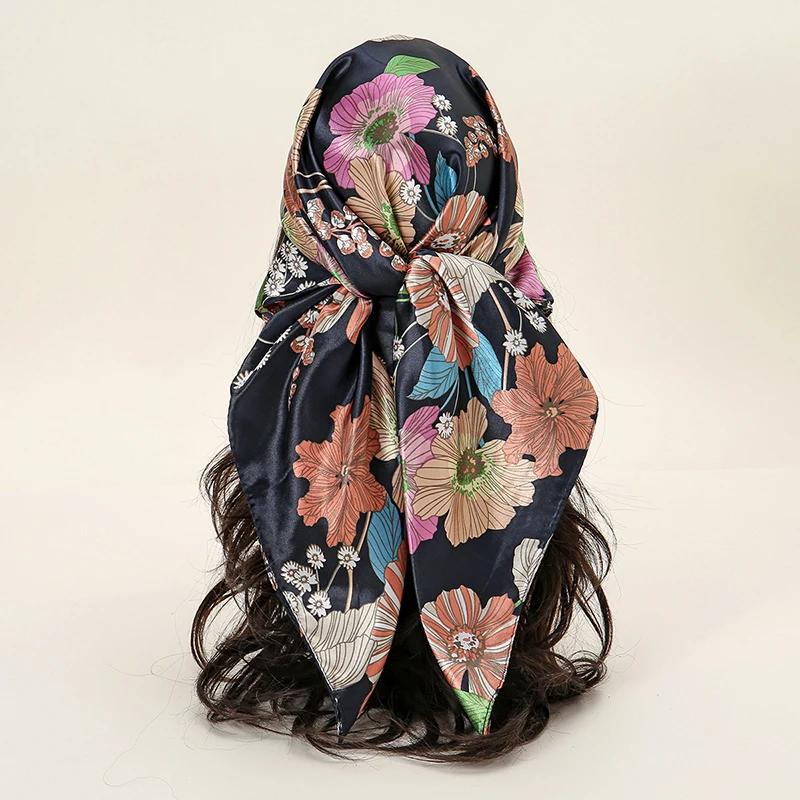 Женский атласный шарф-тюрбан 90 квадратных шелковых цветов