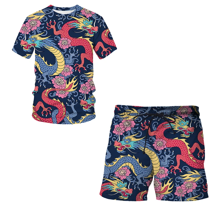 Новинка лета 2022 Мужская футболка с 3D принтом дракона костюм шортами мужская
