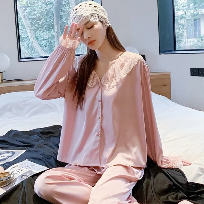 

Pink Sweet Lace Ruffles Sleepwear Women Full Sleeve 2PCS Pajamas Sets Spring Autumn Pijama Lounge Satin Nightwear Loose Homewear