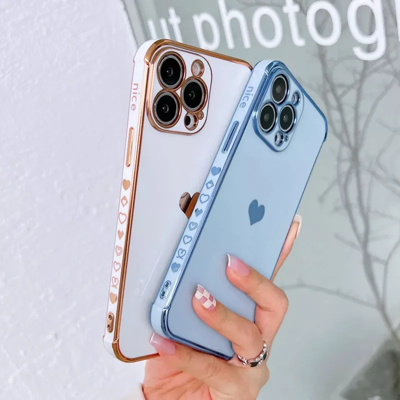 

Free Shipping For iPhone 13 12 11 Pro XS Max X XR 7 8 Plus 12 Mini SE 2 Soft Electroplated Love Heart Shockproof Bumper Phone Ca