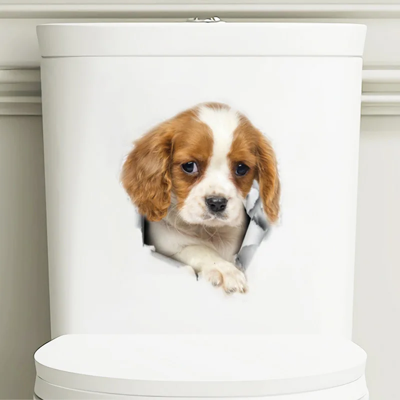 Creative Cute Puppy Wall Stickers for Bathroom Home Decoration Wallpaper Living Room Decor Animals Mural3DFun Dog Toilet Sticker