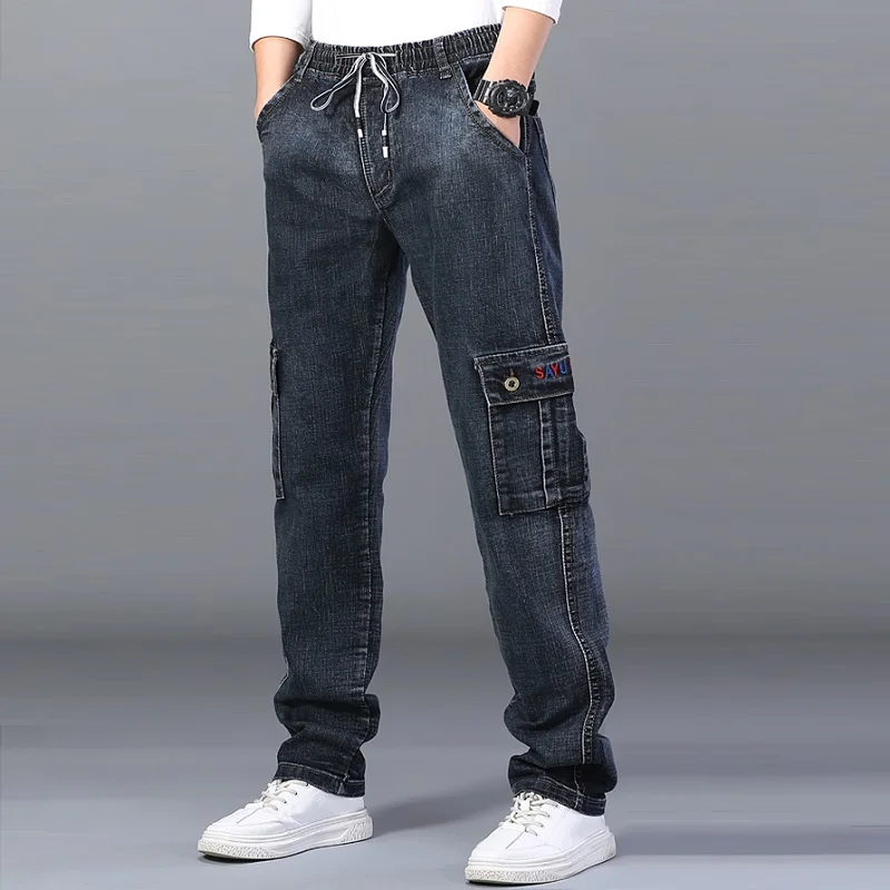 גברים של גבוהה מותן ג 'ינס ישר גדול גודל Dinem מכנסיים זכר שחור ג' ינס צד רב כיס כחול רופף גומייה מכנסיים מטען