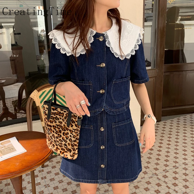 

Creatingtime 2023 Summer New Vintage Lace Peter Pan Collar Short Sleeve Coat and High Waist A-line Denim Skirt Women's Set LH384