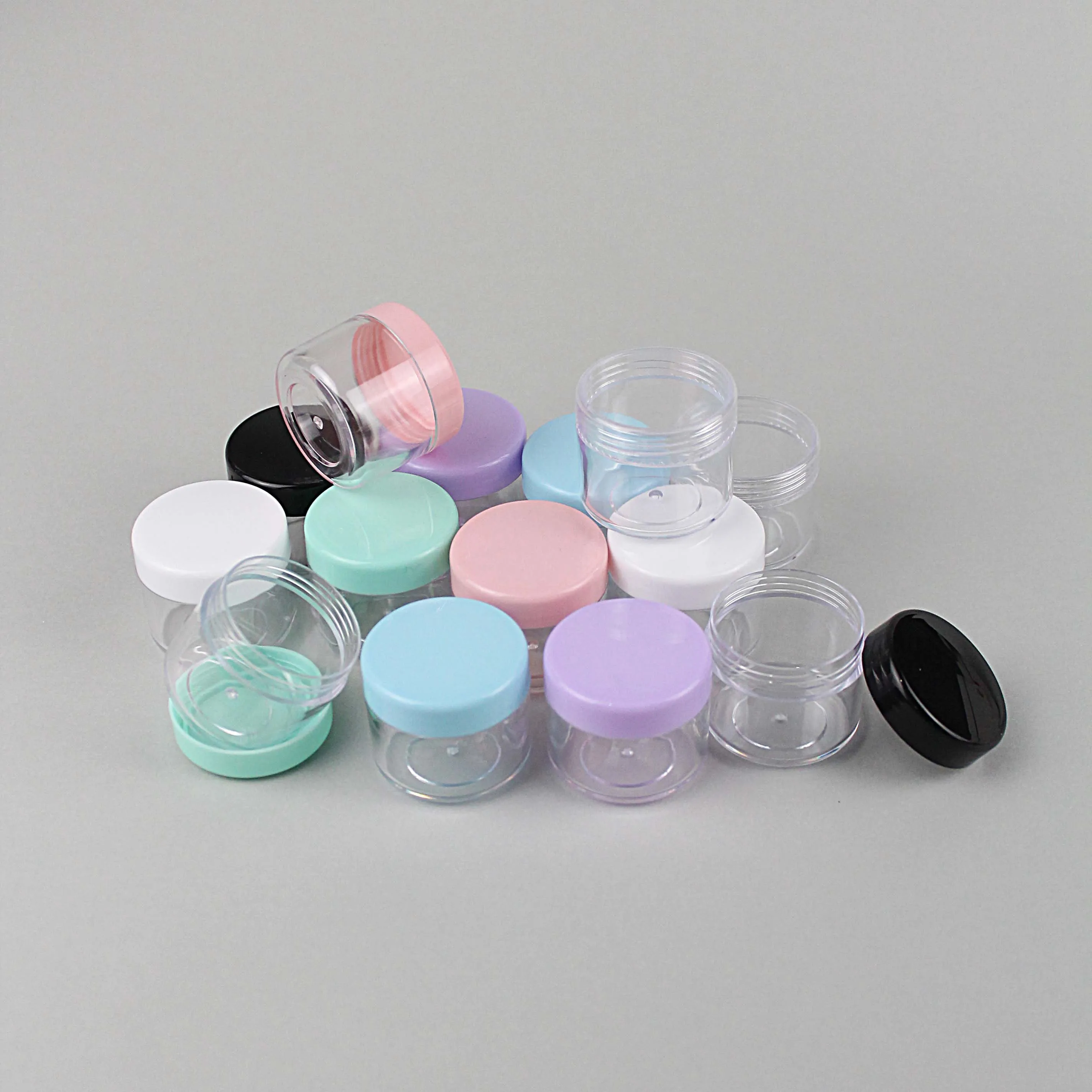 

48Pcs Empty 10g 15g 20g Travel Small Colorful Covers Clear Plastic Cosmetic Pot Jars With Lid For Face Cream Lip Balm Containers