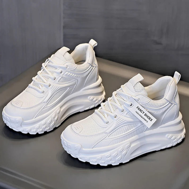 2023 New Genuine Leather 7cm Platform Wedge Air Mesh Breathable Women Casual Sneakers Female Summer Ladies Comfy Lace Shoes
