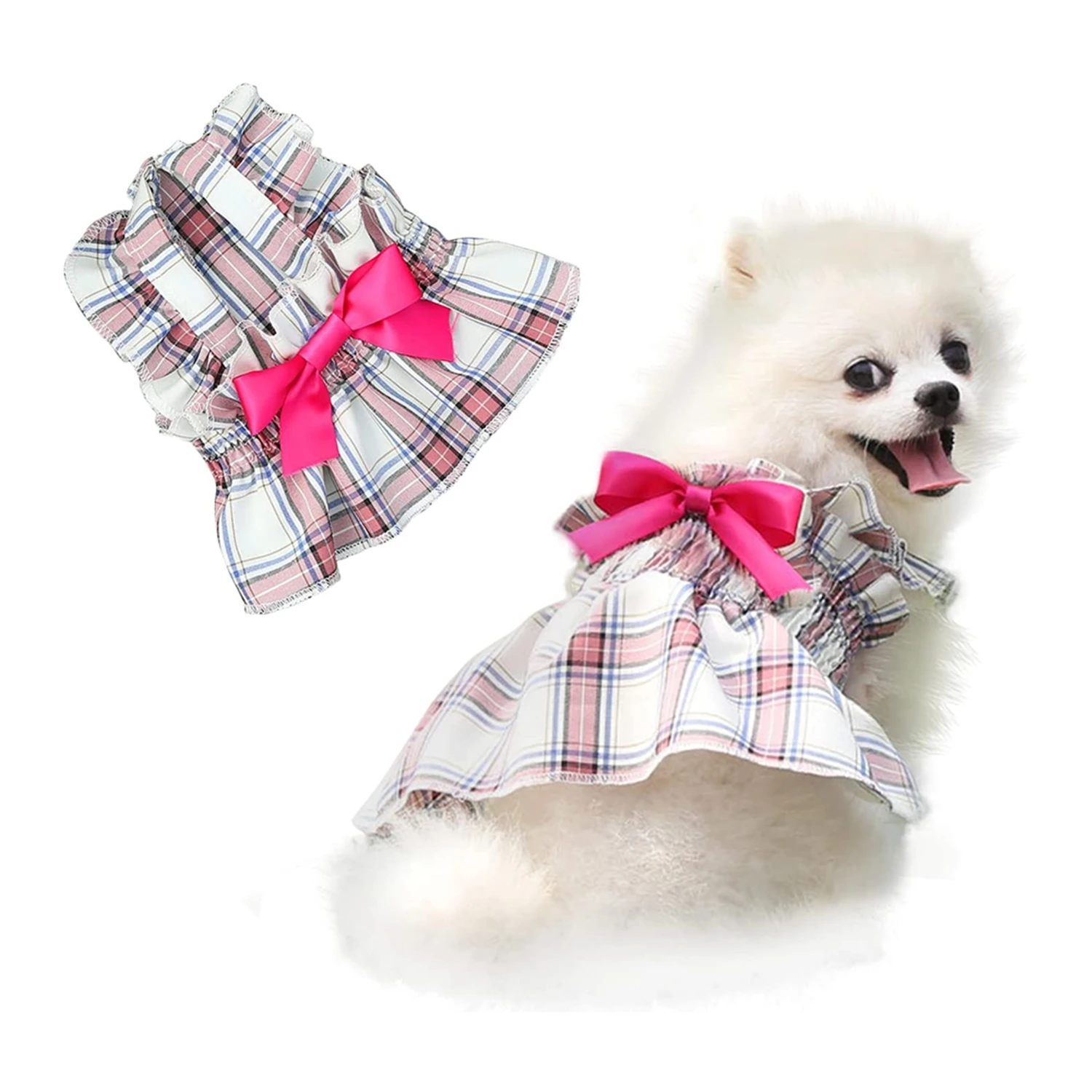 

ATUBAN Dog Plaid Dress with Bowtie, Cute Pet Skirt with Bow for Small Medium Dogs Cats, Spring Summer Tutu Doggy Apparel