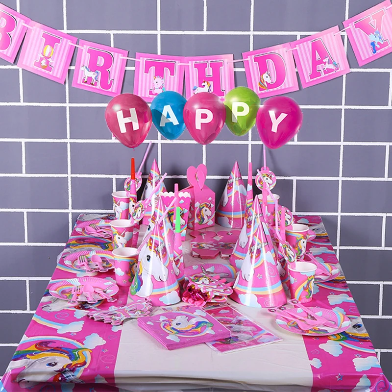 

Cartoon Unicorn Party Disposable Tableware Pink Rainbow Plates Balloons Cup Baby Shower Kids Favor Birthday Party Decor Supplies