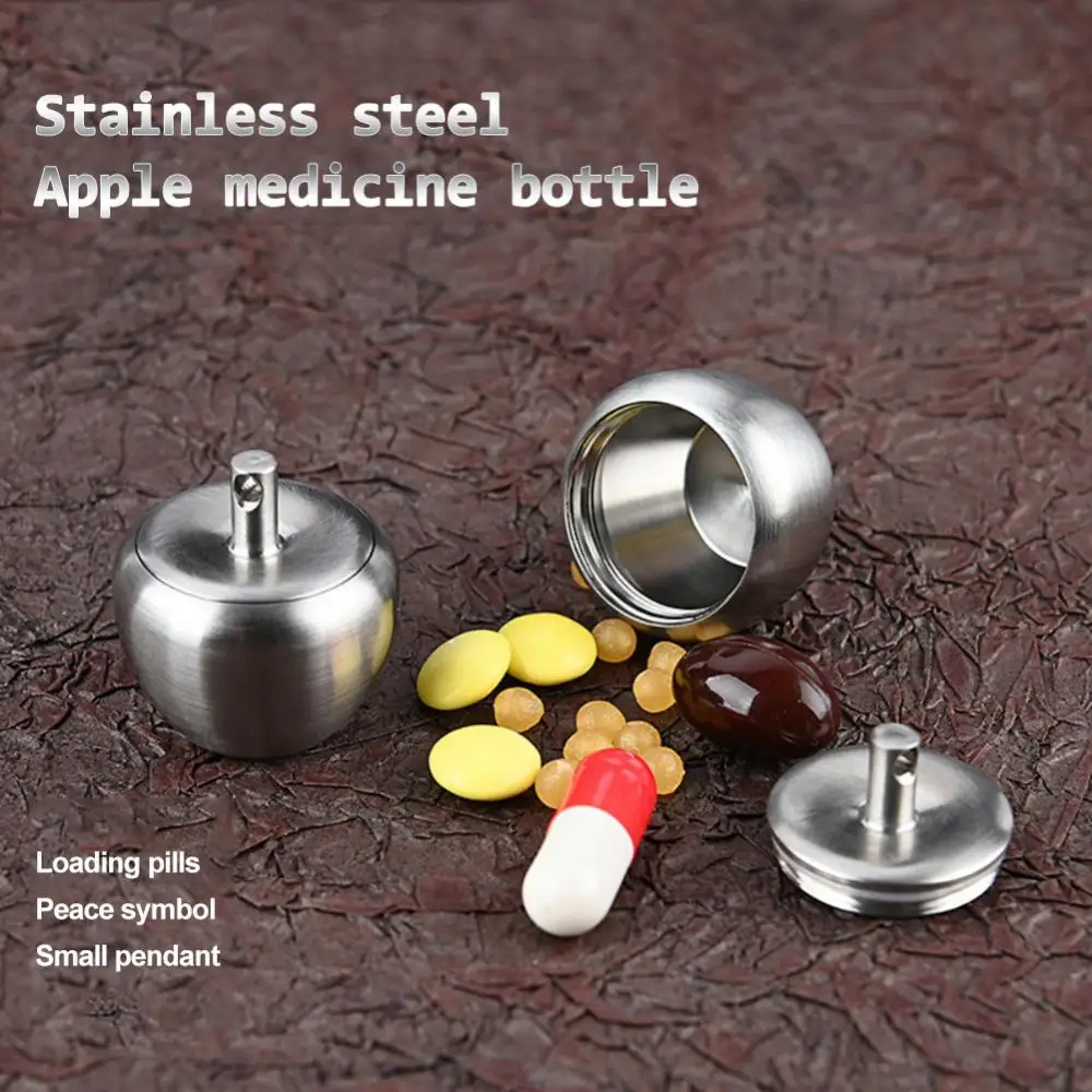 

Compact Key Chain Pendant Stainless Steel Medicine Box Portable Sealed Jar Medicine Bottle Pill Container Mini Apple Shape