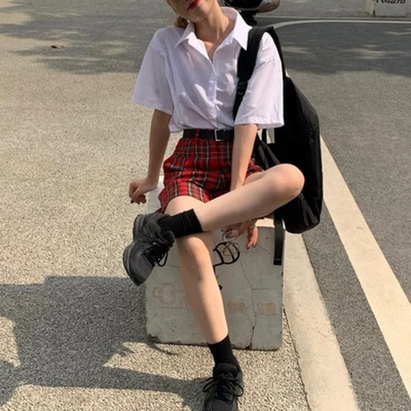 New Women Sexy High Waist Overalls Female Casual Fashion All-Match Shorts Summer Red Plaid Shorts Gothic Girls 2021 Streetwear
