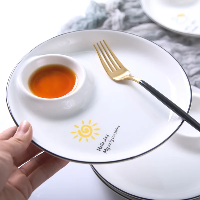 

Nordic Ceramic Dumpling Plates with Vinegar Dish Fruit Salad Grid Home Snack Breakfast Creative Round Plates Couverts De Table