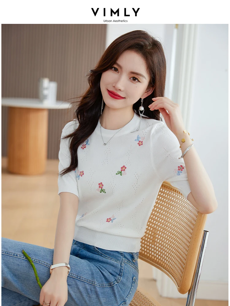 

Vimly White Embroidered Floral Short Sleeve Knit Women 2023 Summer Elegant O-neck Office Lady Loose Female Pullovers Top 71728