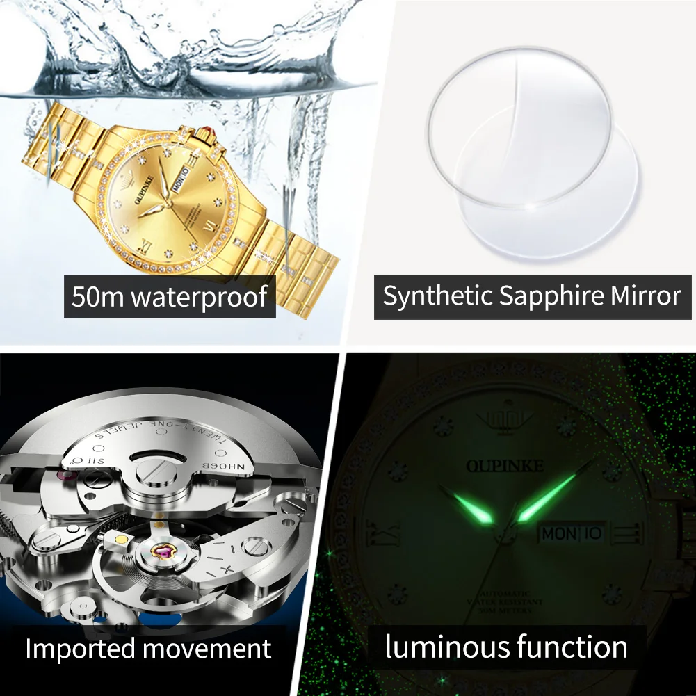 OUPINKE 3195 роскошные золотые женские часы с бриллиантами автоматические