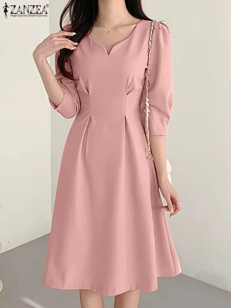 

Лето 2023, модное женское платье ZANZEA, элегантное женское платье средней длины, Женский Однотонный сарафан с V-образным вырезом, платья с рукавом 3/4 и молнией на спине