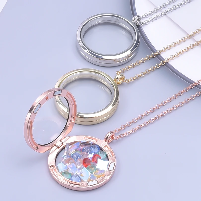 

Trendy Necklace for Women Rose Gold Color Jewelry Medallion Relicario Photo Collars 60cm O-shape Chains Glass Floating Locket