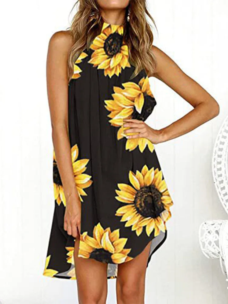 

Elegant Chrysanthemum Printed Loose Beach Dress Summer Casual Turtleneck Straight Mini Dress Women Sexy Sleeveless Party Dresses