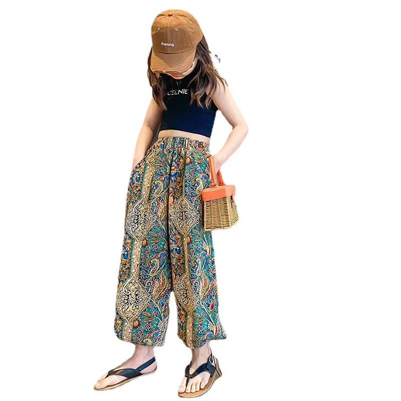 Брюки для девочек 2022 летняя детская хлопковая Футболка с цветочным рисунком в