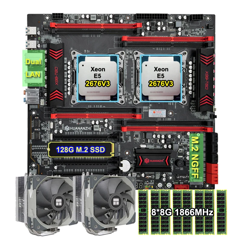 

HUANANZHI X99-T8D Motherboard Set 128G M.2 NVME SSD 2*Xeon Processor E5 2676 V3 12 Cores 2*CPU Cooler 8*8G Memory 64G RAM RECC