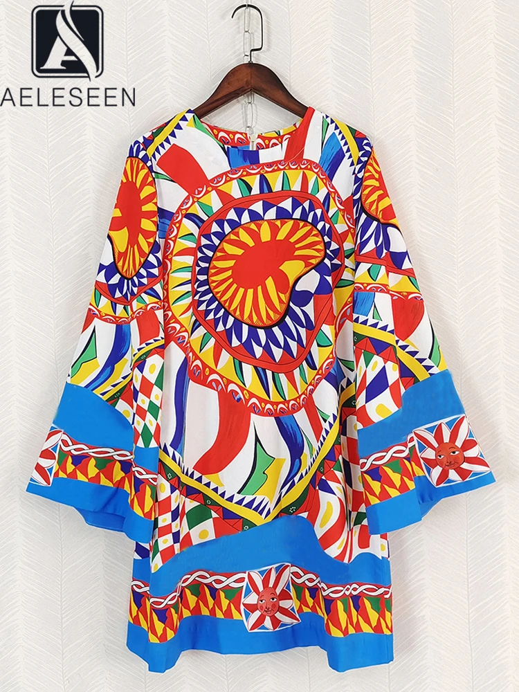 

AELESEEN Sicilian Summer Mini Dress Design Fashion Women Flare Sleeve Geometric Print Letters Loose Casual Vacation Holiday