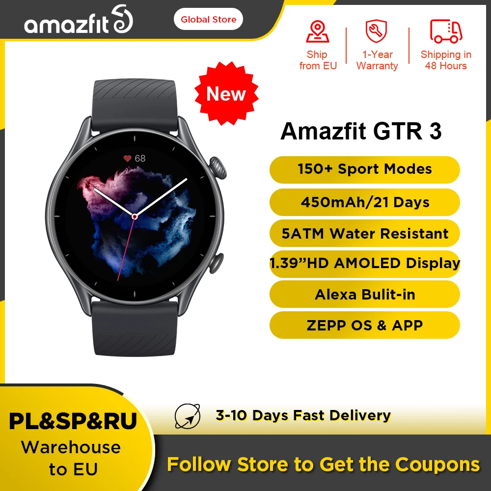  Новые умные часы Amazfit GTR 3 GTR3 GTR-3 со встроенным мониторингом состояния Alexa с 1,39-дюймовым AMOLED-дисплеем для телефона Android IOS 