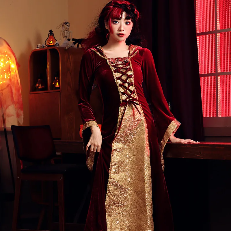 

Women Burgundy Splicing Dresses Retro European Medieval Dress Gothic Court Dress Halloween Costume Drama Stage Performance