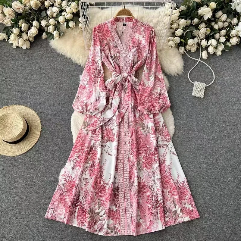 

Платье WTIANYUW женское с цветочным принтом, винтажное пикантное длинное с буффами на рукавах, с V-образным вырезом, с поясом-кушаком, весна-лето