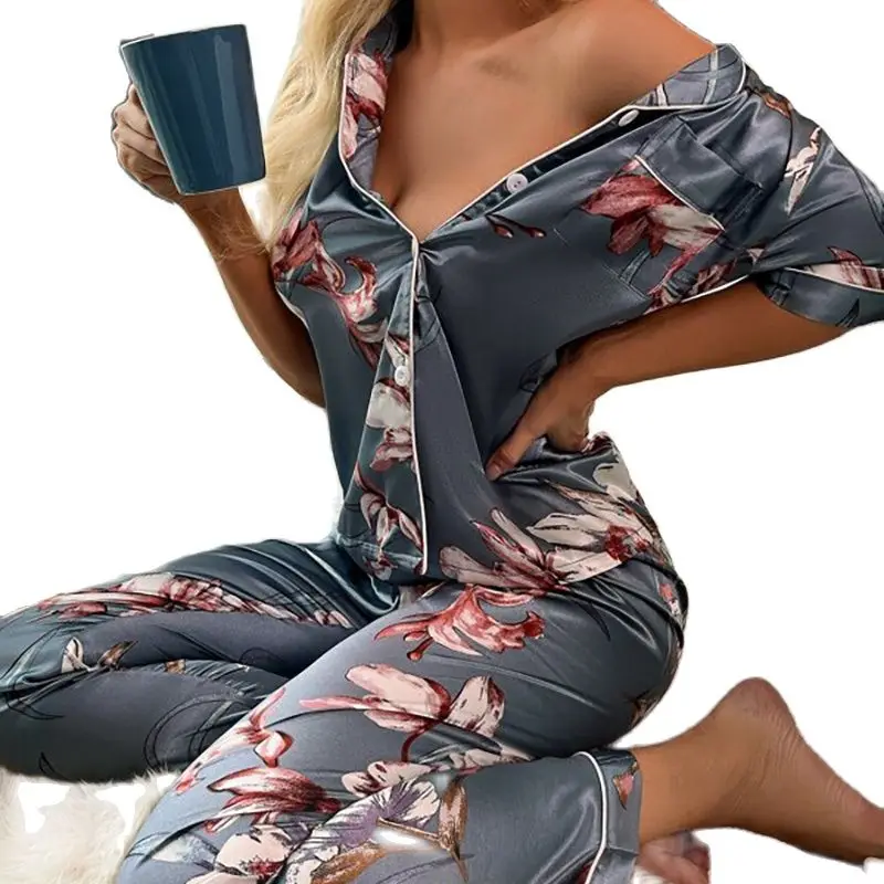 

Pyjama Femme 2 piece set Women's Short Sleeve Pajamas Summer Satin Silk Trousers Suit Pyjamas Set Pjs Mujer Pijama Sleepwear