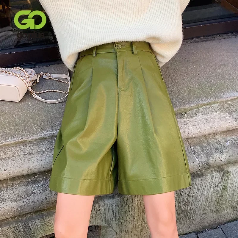 

2022NEW Pants Wide Leg Pants Korean PU Leather Knee Length Green Black Trousers Pantalones De Mujer Pour Femme C11633
