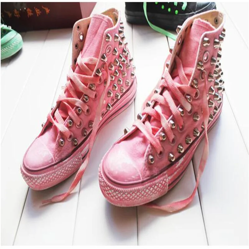 

Классические состаренные высокие кроссовки с шипами ручной работы, кроссовки, повседневные розовые холщовые туфли с эффектом потертости, ...