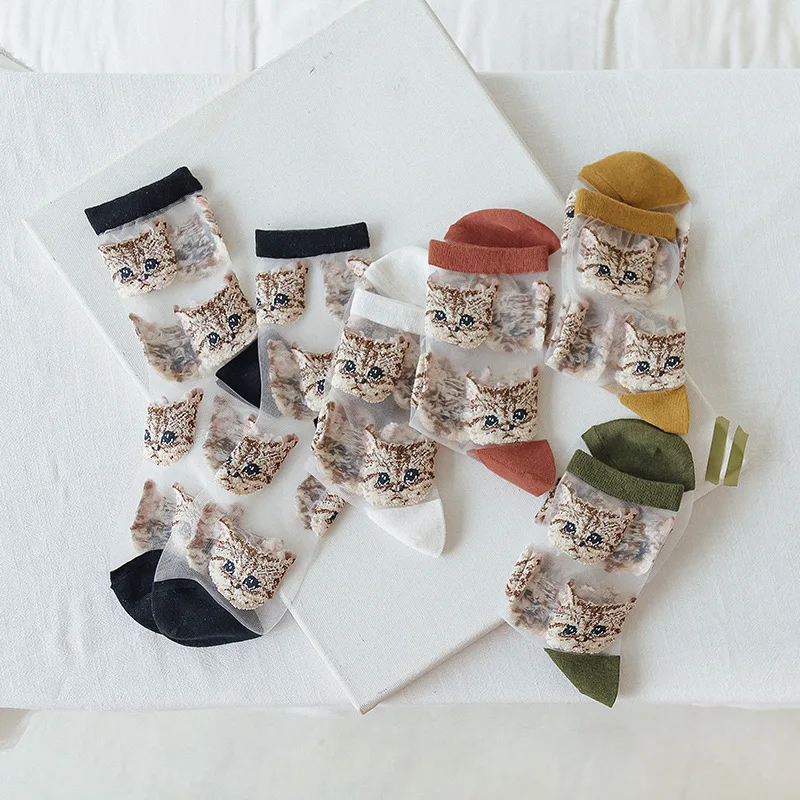 

Spring Summer Tube Ultra-thin Socks 2022 Japanese Transparent Cute Cartoon Cat Harajuku with Print Fashion Clothes Funny Women