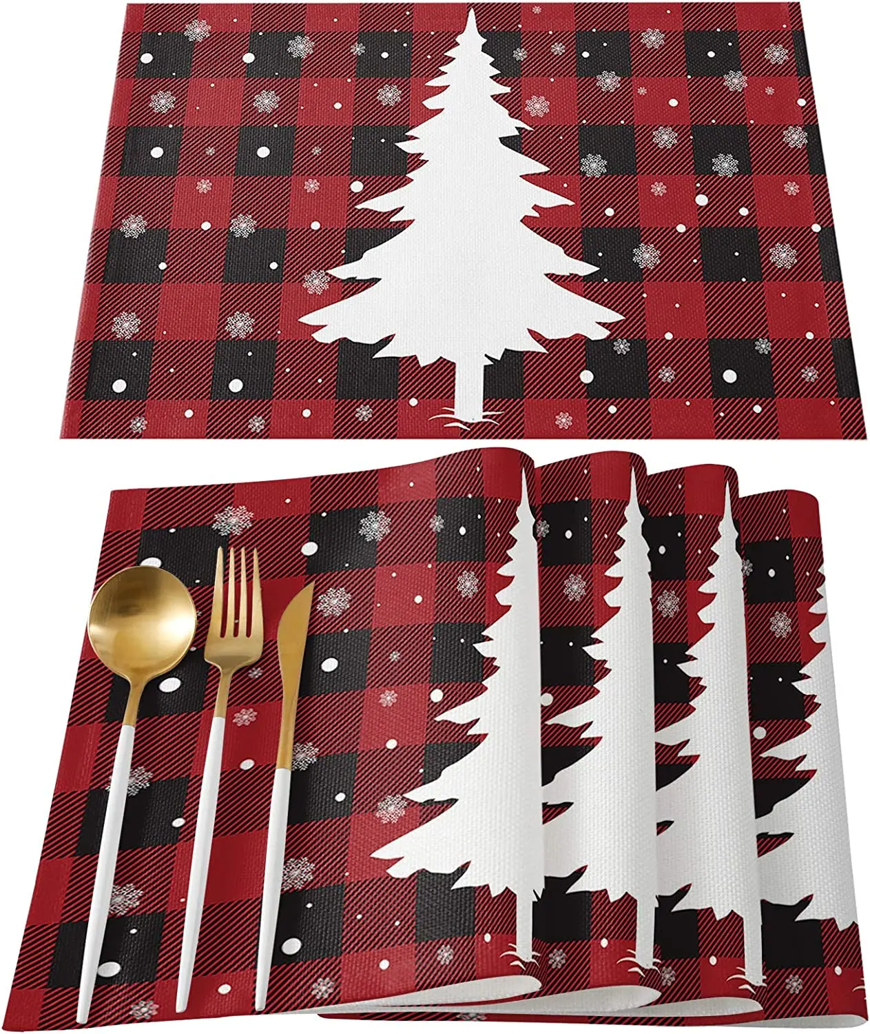 

Merry Christmas Tree Placemats Set of 4 Heat Resistant Table Mats Non Slip Washable Snowflake Red Black Buffalo Plaid Placemat