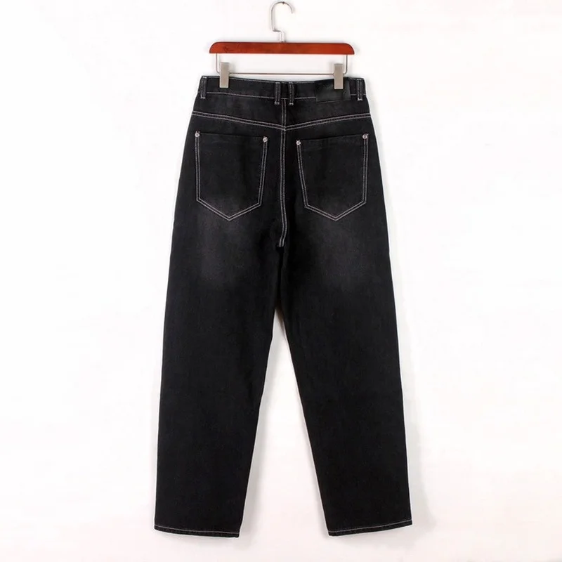 Wide Leg Jeans Street Trend Black Washed Jeans Men's Hip Hop Loose Fat Size Pants Full Length Solid Color Baggy Jeans