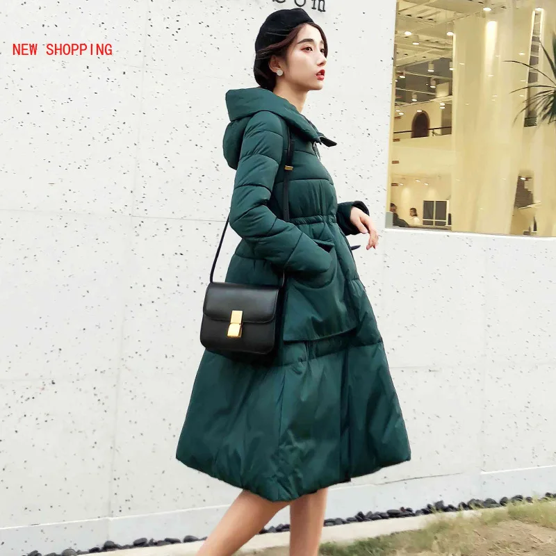 Winter New Jacket Women's Bread Warm Cotton Coat A-line Christmas Red Down Jacket Parkas Woman Vintage Slim Long Overcoats Black