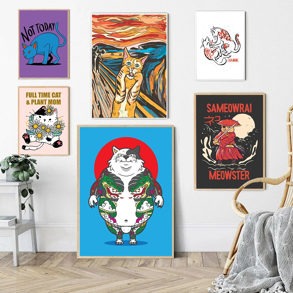 

Grim Tattoo Cat on Red Sun Canvas Painting Funny Cute Cat Samurai Poster Print Kids Bed Home Room Wall Art Decoration Pictures