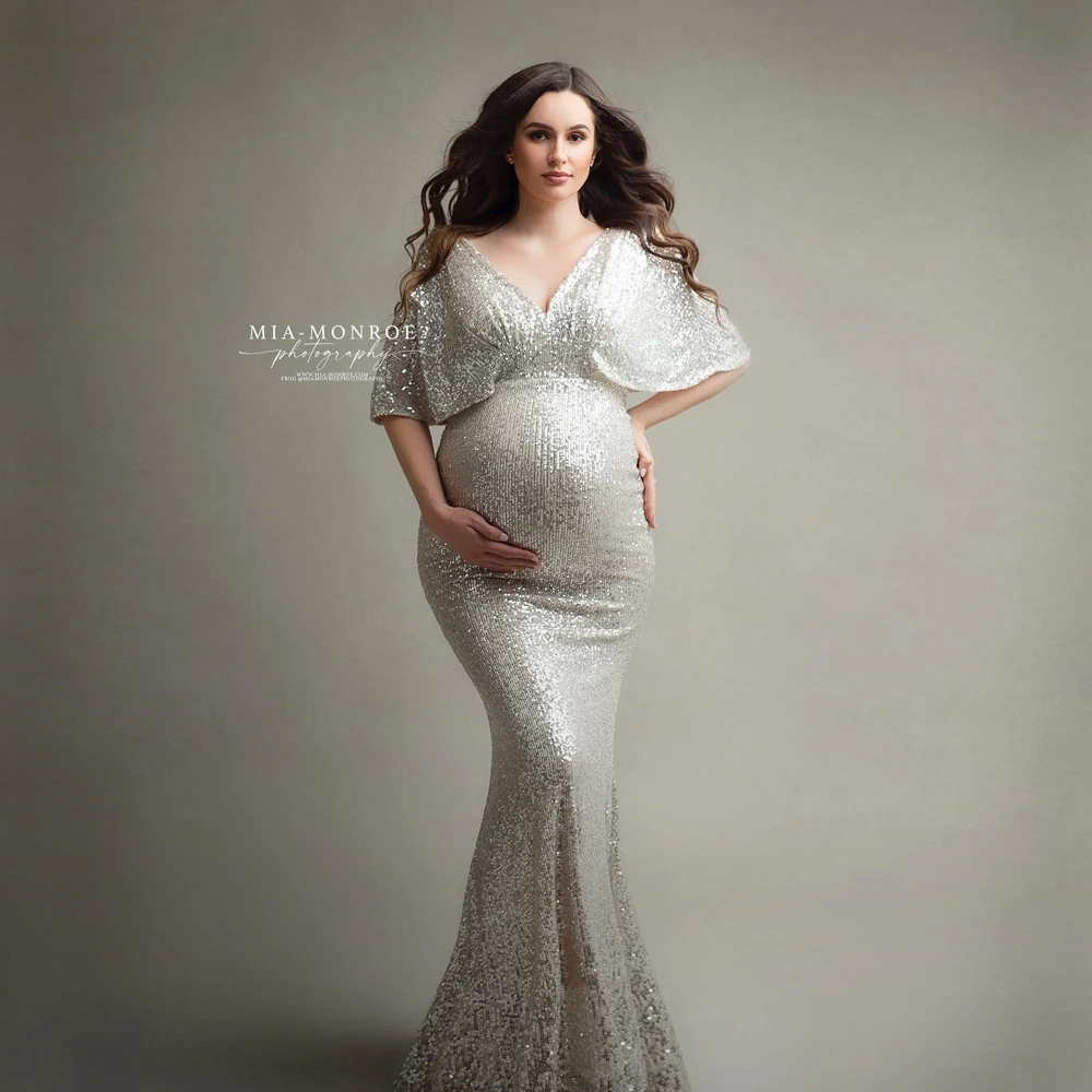 Maternity Photography Dresses Sequins V-Neck Fishtail Dress Party Elegant Dress Photo Shoot Photography Clothing For Women