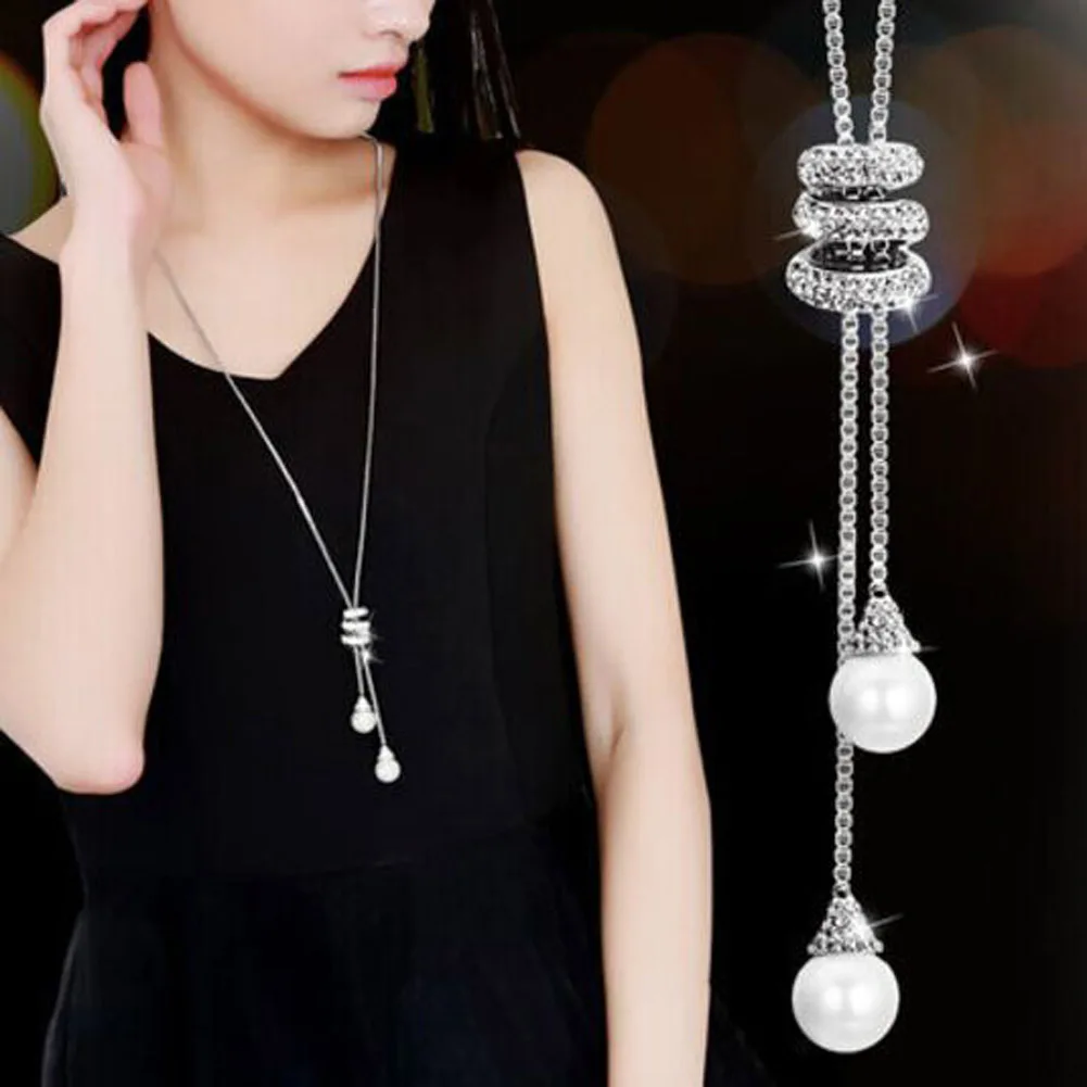 

High Quality Fashion Metal Silver Long Tassel Rhinestone Crystal Pearl Long Chain Necklace Sweater Patry Necklace Jewelry