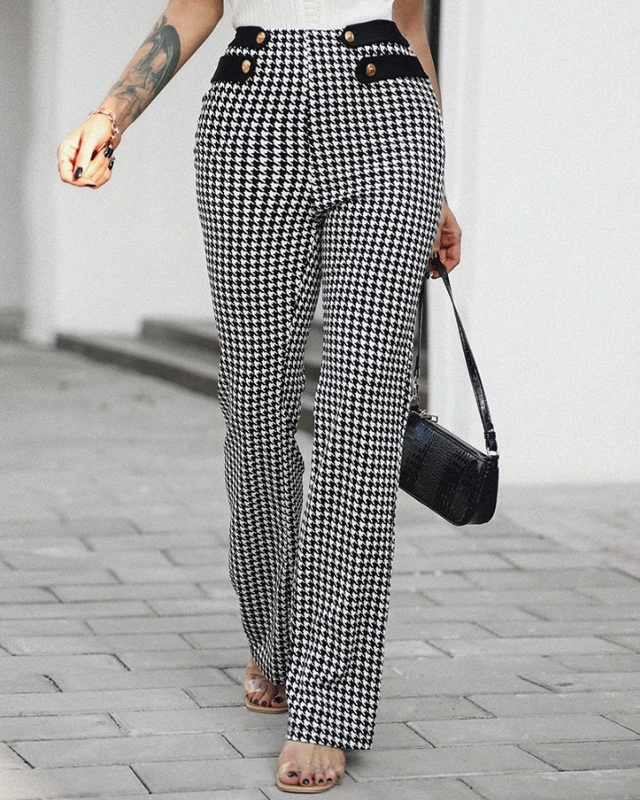 Women's Pants Elegant Houndstooth Print Buttoned High Waist Wide Leg Tailored Pants Elegant Pencil Daily Work Trousers