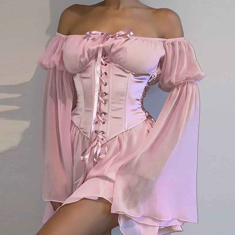 

Сказочный розовый шифоновый корсет, мини-платье, женский сарафан во французском стиле с длинными рукавами-фонариками в стиле бохо, женские элегантные пляжные платья с вырезом-лодочкой