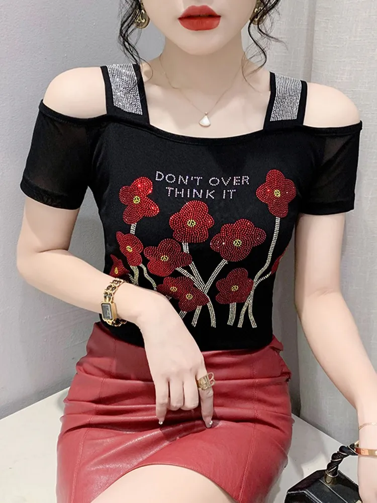 

Футболка женская сетчатая с коротким рукавом и открытыми плечами