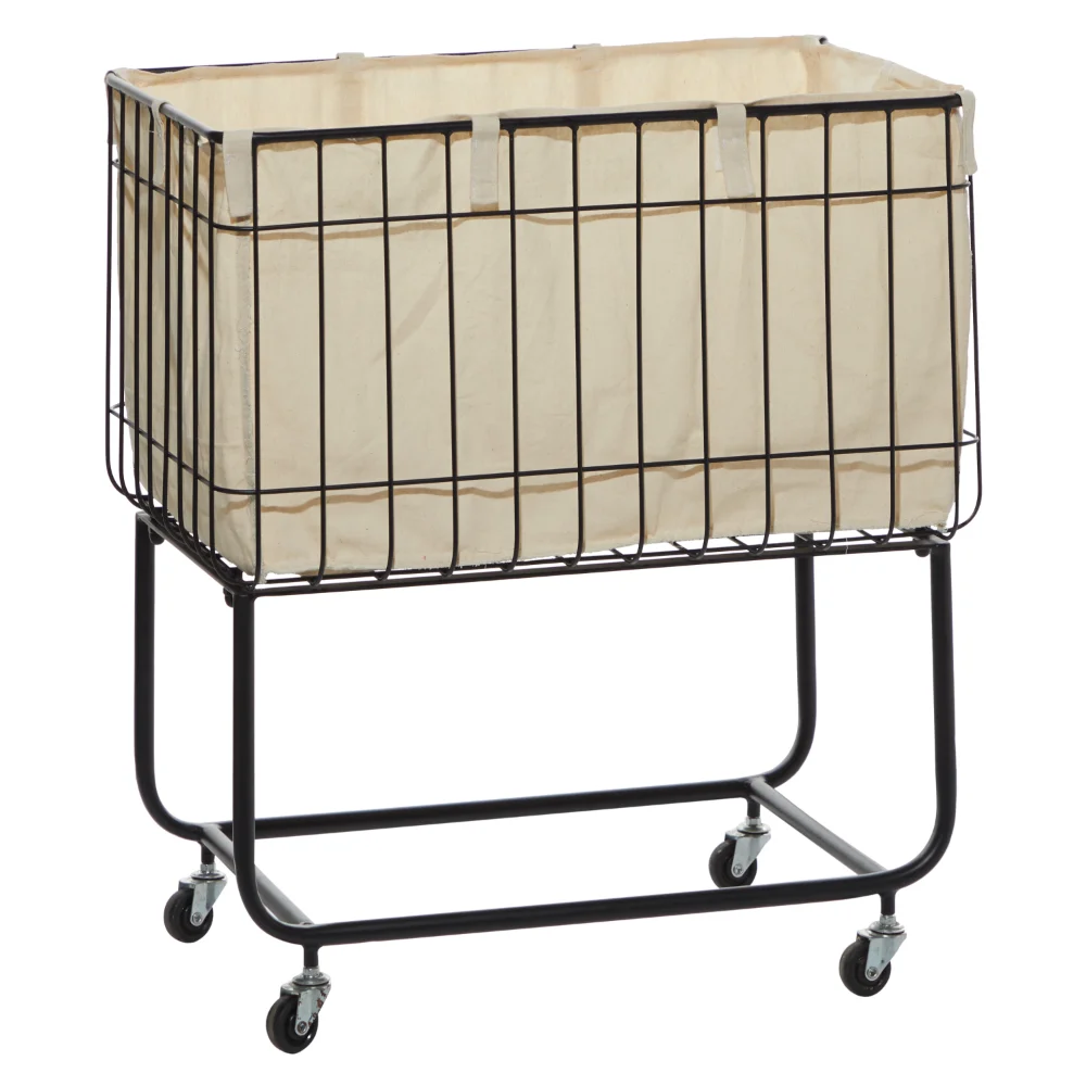 

Black Metal Deep Set Wire Basket Storage Cart with Wheels and Fabric Lining
