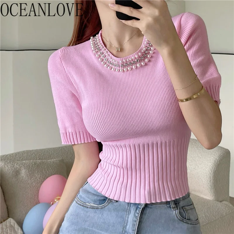 

Knitting T-shirts Women Tops Solid Beading Pu Sleeve Spring Summer Slim Sexy Ropa Mujer Korean ashion T Shirt