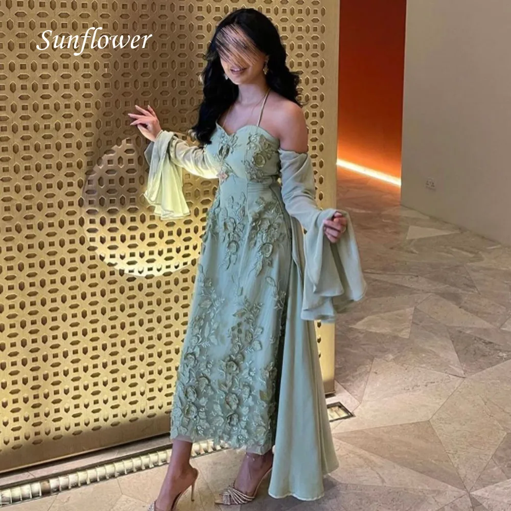 

Sunflower Simple Green Embroidery Lace Applique Evening Dress 2023 Slim Three Quarter Sleeve Arabic A-LINE High-end Custom Gown